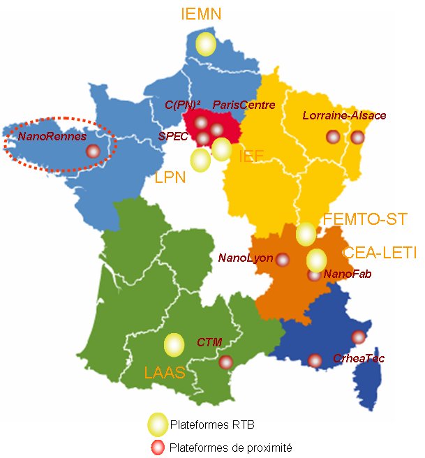 Map of the micro/nano fabrication networks in France